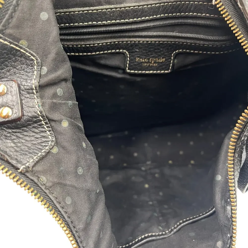 Kate Spade Shoulder Hobo Bag Pebbled Leather Polka Dot Lining Black